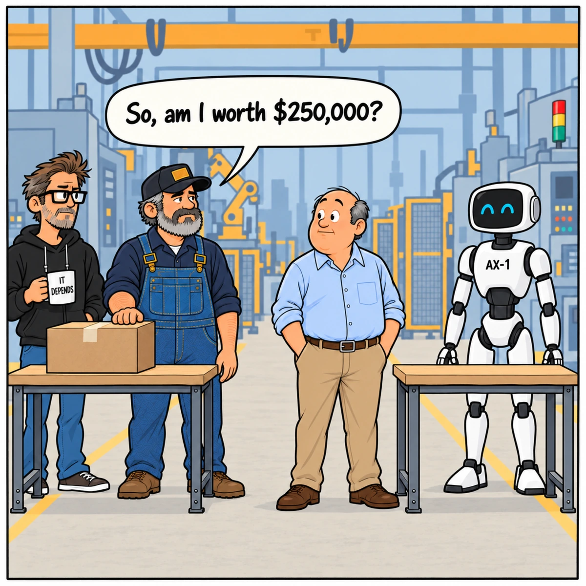 $250,000 Box Mover, panel 4. Mike rests a hand on the returned box and looks at the Boss. Jim watches; AX-1 stands by the empty table.