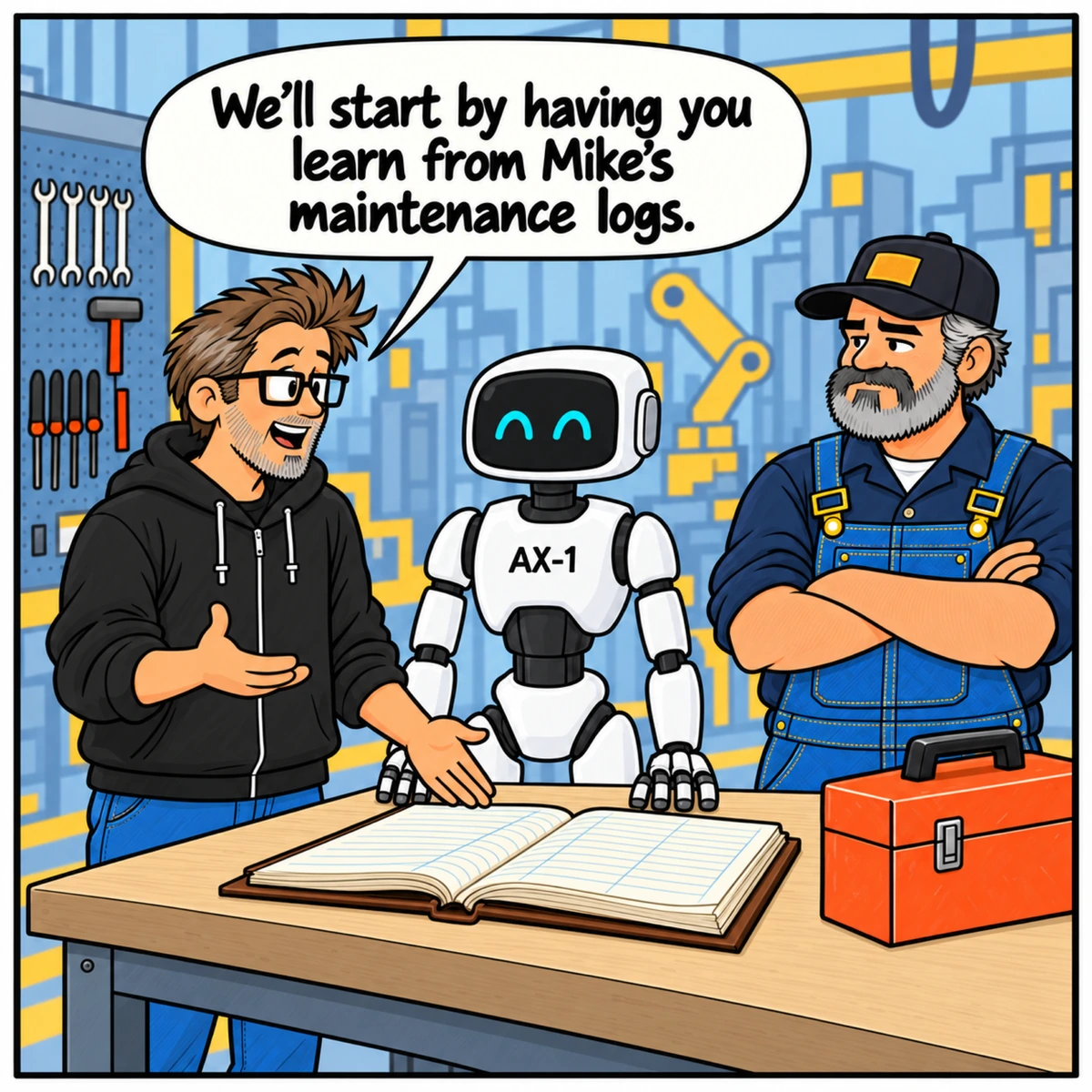 The Knowledge Transfer, panel 1. Jim introduces AX-1 to Mike's paper maintenance records at a workstation. Mike stands nearby.