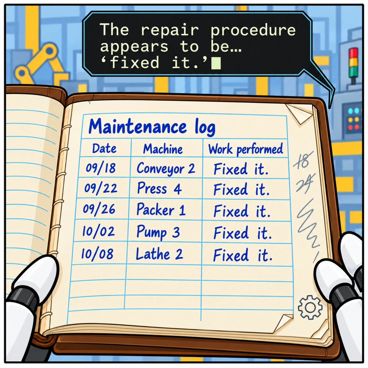 The Knowledge Transfer, panel 2. A close-up of the log in AX-1's hands. Every work-performed entry reads ‘Fixed it.’
