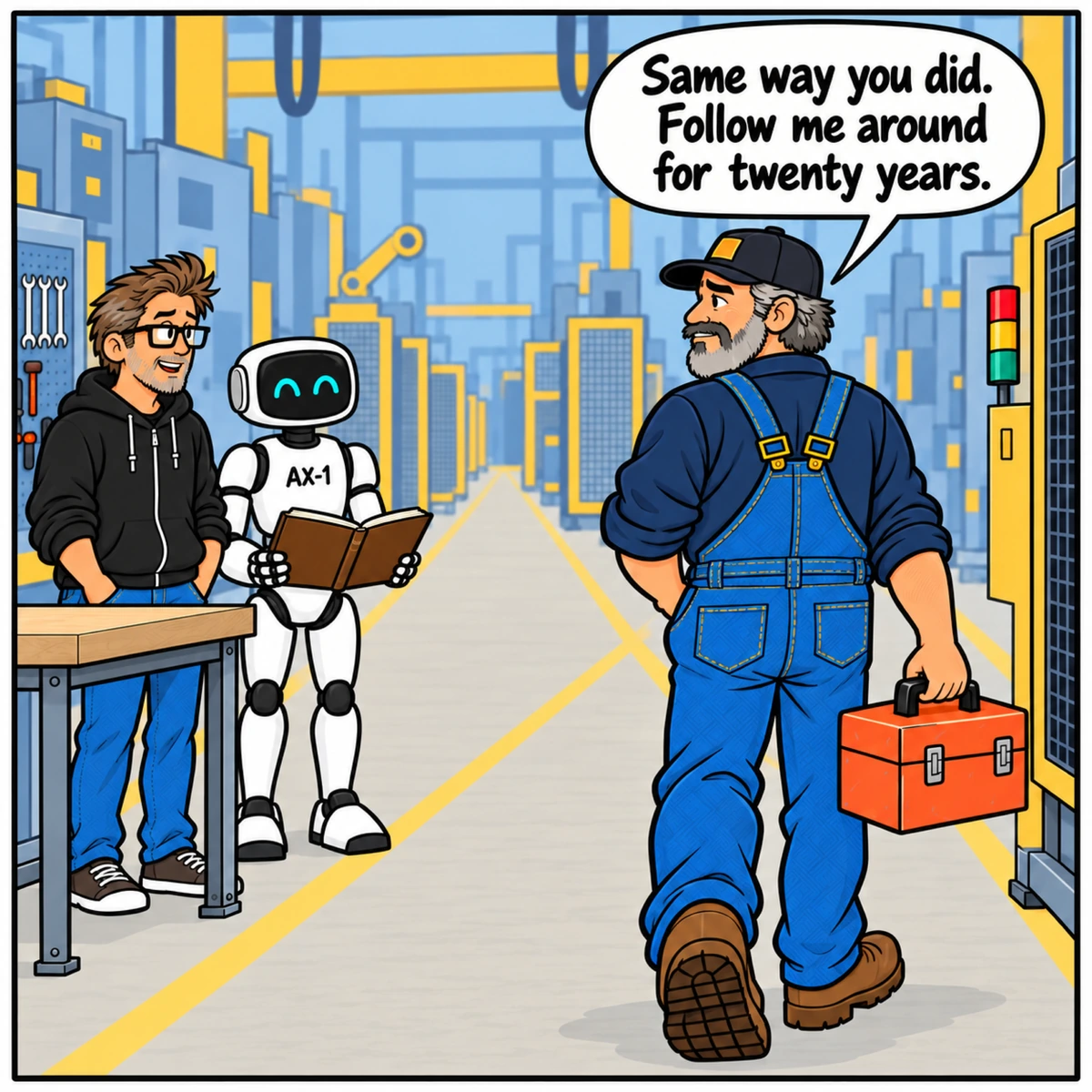 The Knowledge Transfer, panel 4. Mike heads back to the factory with his toolbox, looking over his shoulder toward Jim and AX-1.