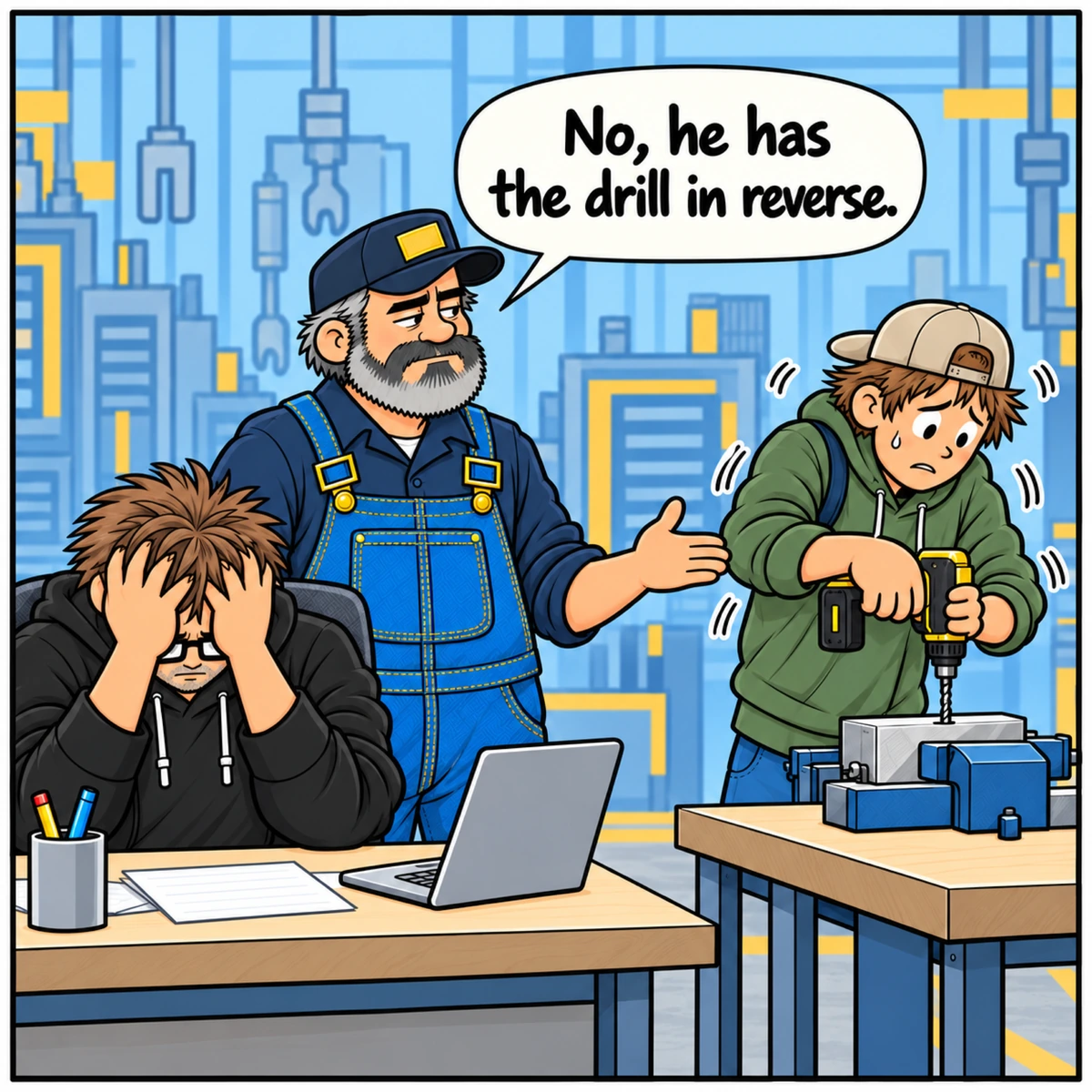 Four Point Oh, Zero Holes, panel 4. The Intern struggles with a cordless drill at a workbench. Mike gestures toward him; Jim buries his head in his hands.