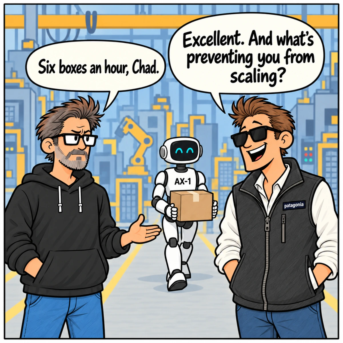 We’ll Speed It Up in Post, panel 2. Jim gestures toward AX-1 carrying the box.