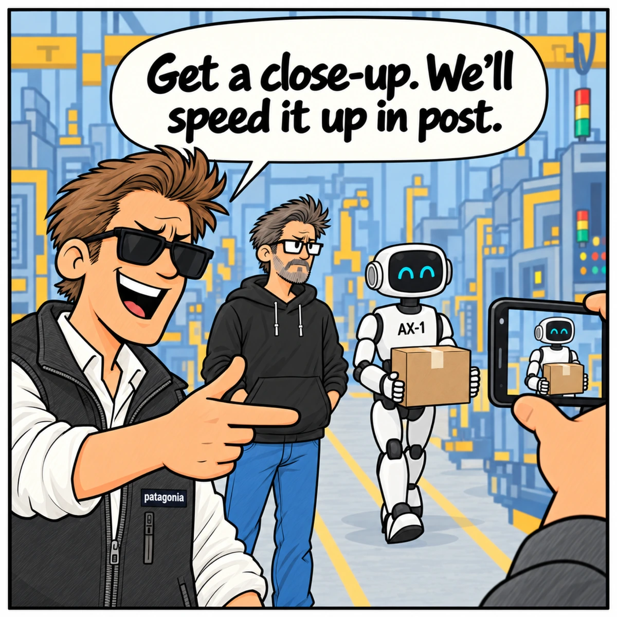 We’ll Speed It Up in Post, panel 4. Chad directs the camera toward AX-1. Jim remains unimpressed.