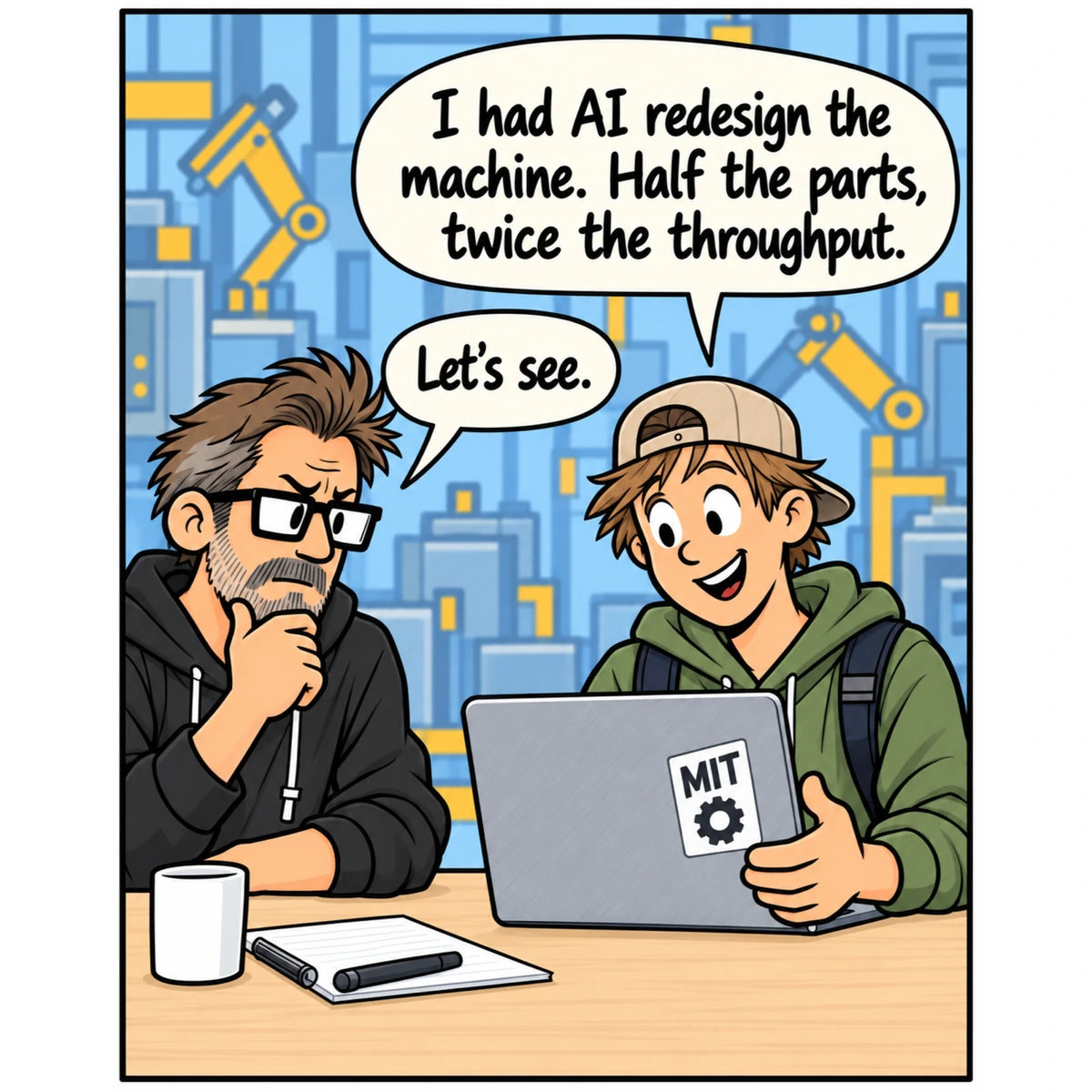 Wasn’t in the Prompt, panel 1. The Intern proudly turns his laptop toward Jim, who leans in with interest.
