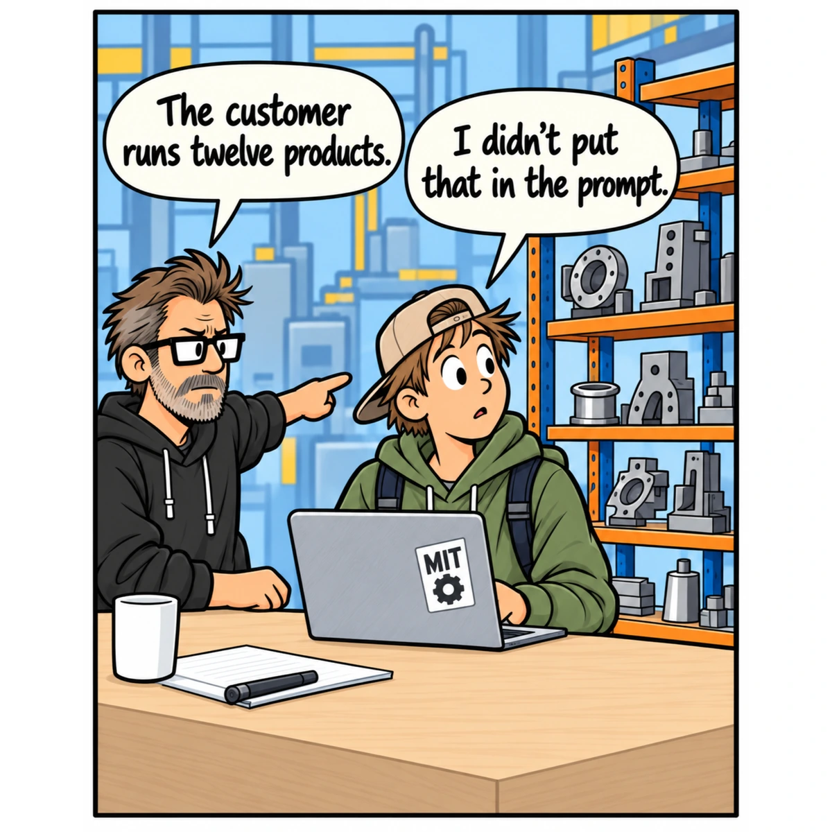 Wasn’t in the Prompt, panel 3. Jim points toward a rack of different products. The Intern's smile fades.