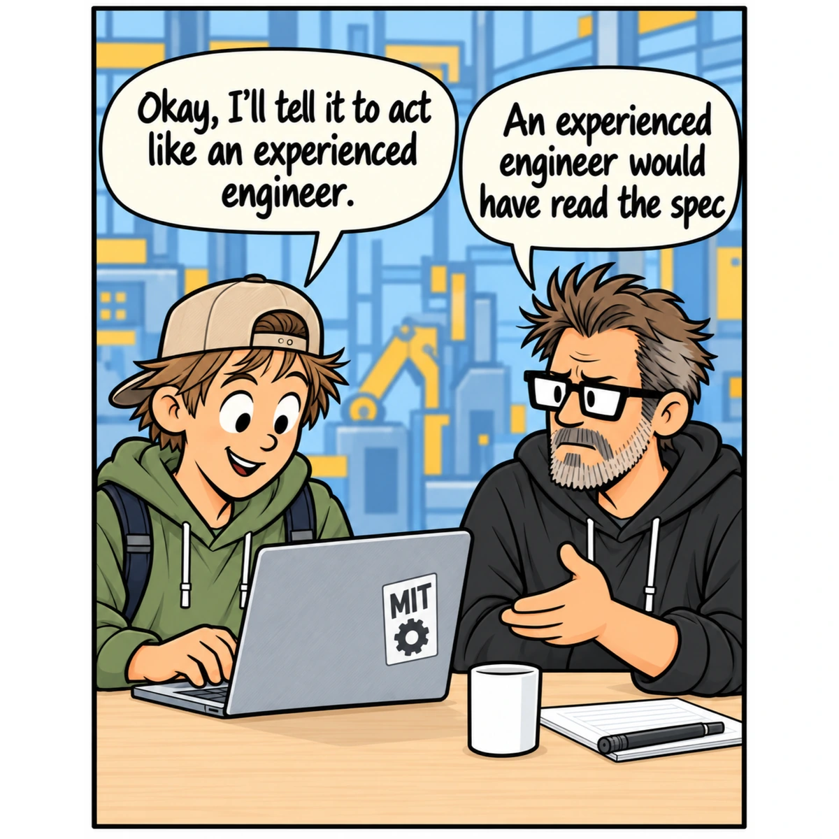 Wasn’t in the Prompt, panel 4. The Intern turns back to his keyboard, confidence restored. Jim leans forward with exhausted clarity.