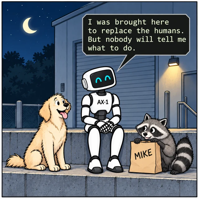 Employee Benefits, panel 1. At an empty loading dock at night, AX-1 sits beside a dog while a raccoon rummages in a lunch bag marked MIKE.