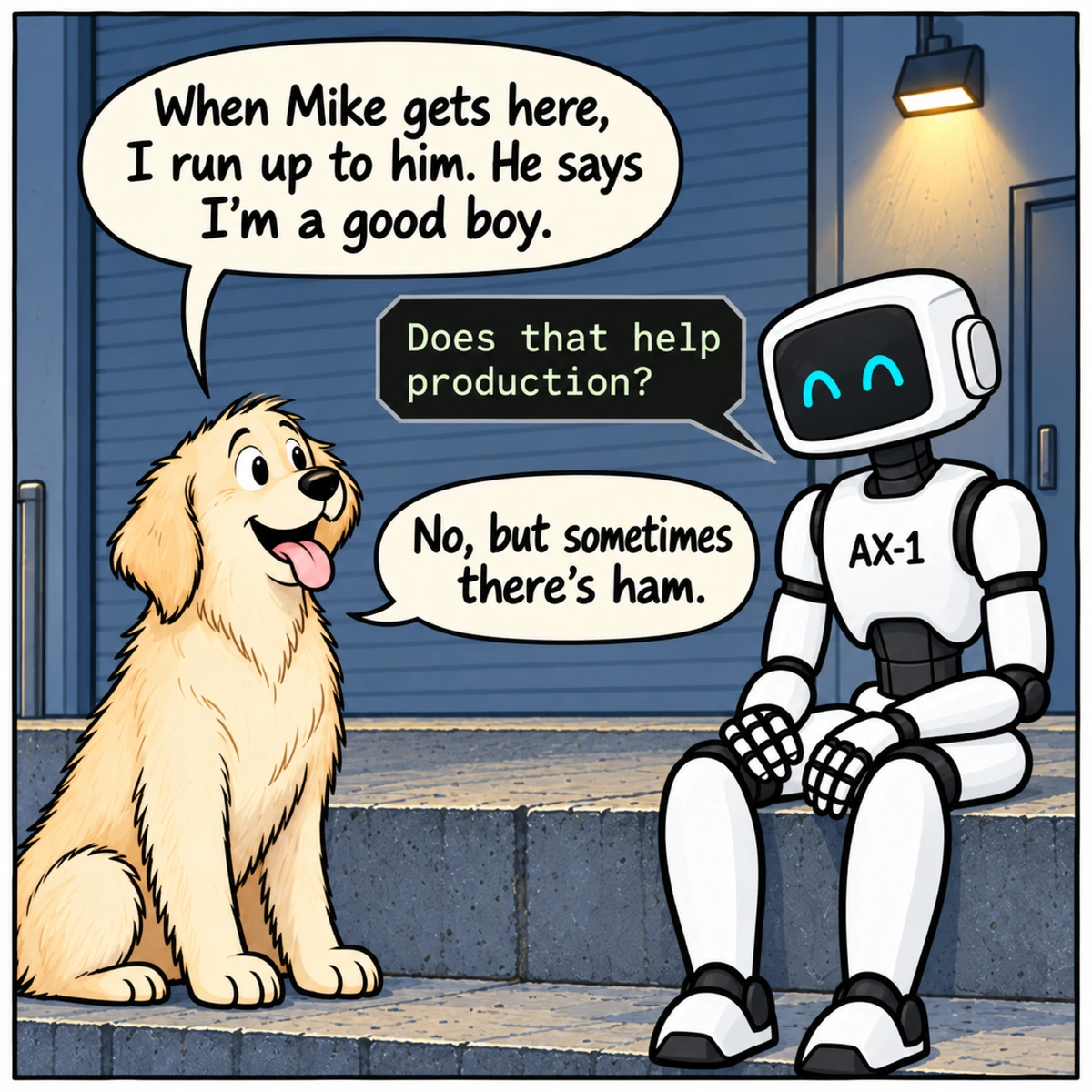 Employee Benefits, panel 2. The dog explains his arrangement to AX-1.