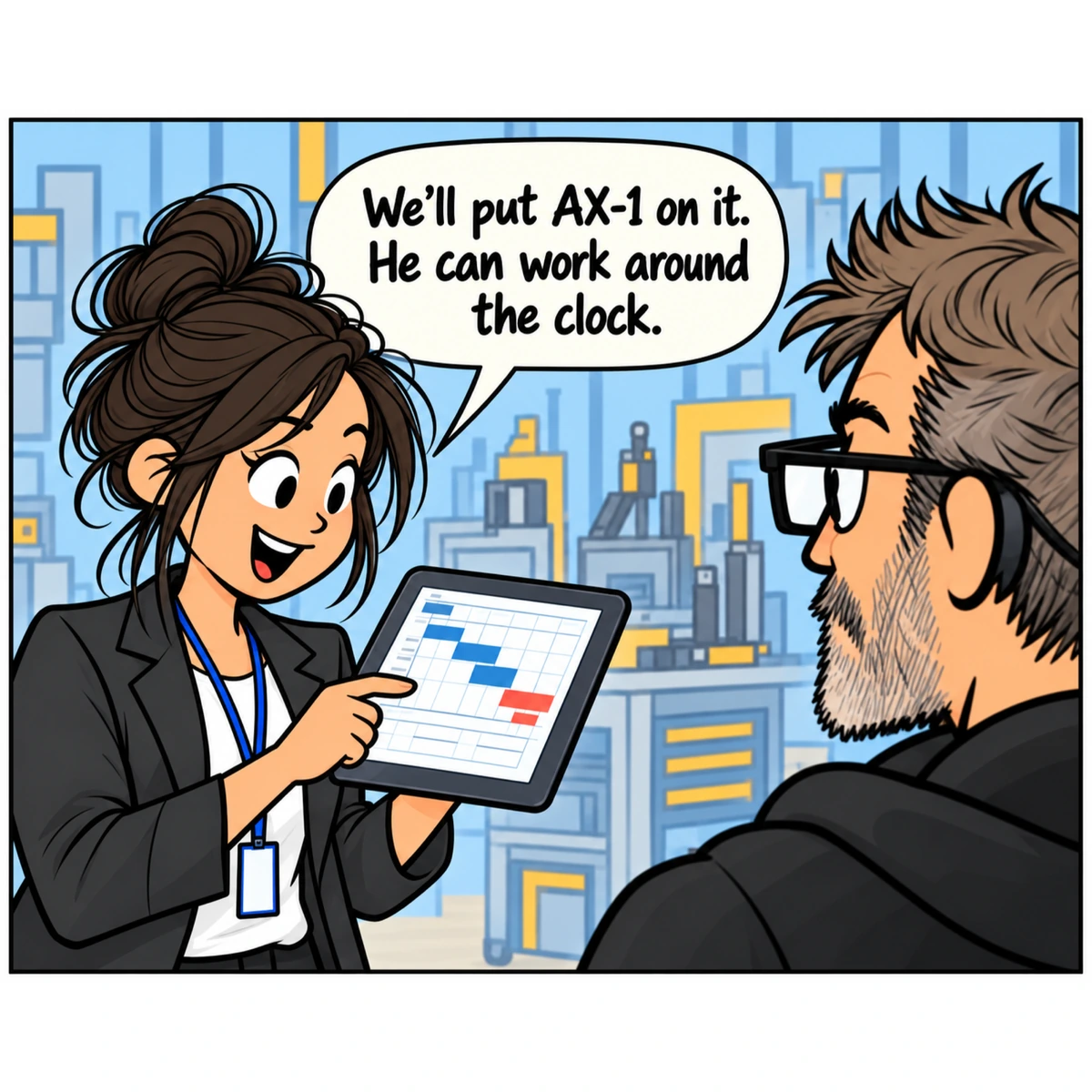 Six Months to Decide, Two Weeks to Deliver, panel 3. Jordan updates the schedule on her tablet, pleased with her solution. Jim raises an eyebrow.