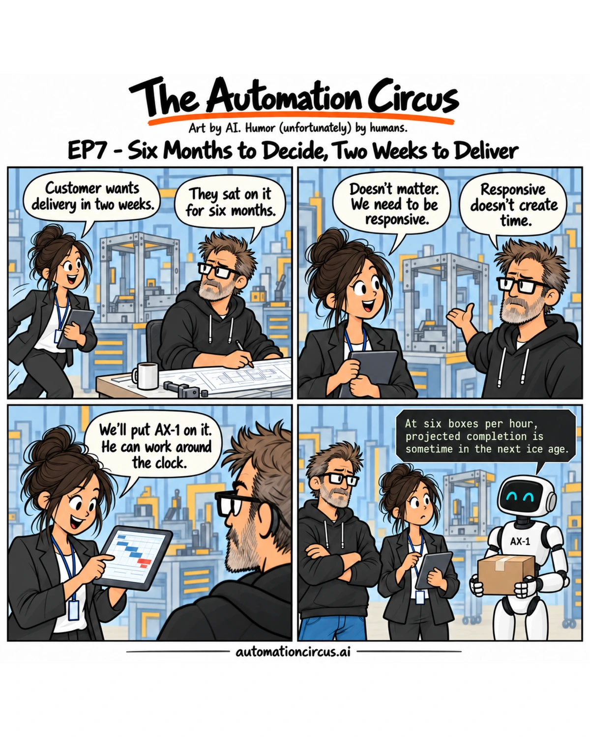 EP07 — Six Months to Decide, Two Weeks to Deliver. Complete four-panel strip.