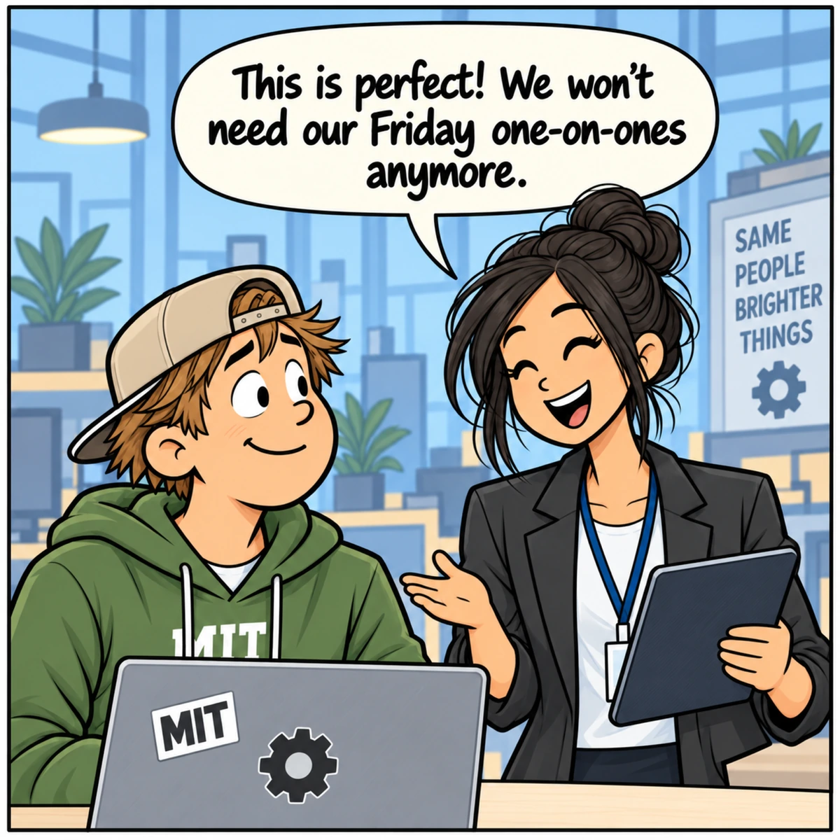Human Oversight, panel 2. Jordan smiles appreciatively at the Intern, holding her tablet beside his laptop.