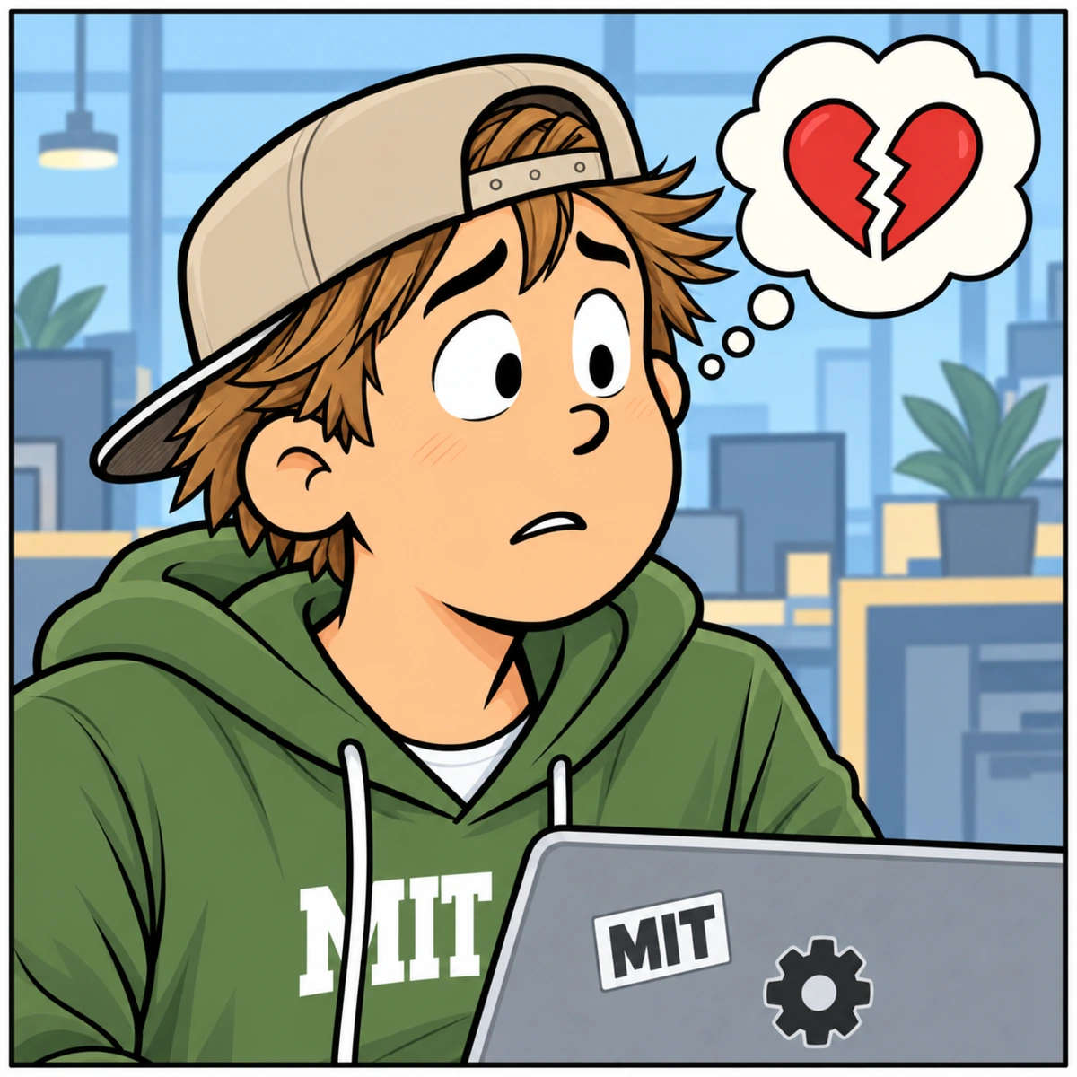Human Oversight, panel 3. The Intern's smile drops. A broken heart appears in a thought balloon above his head. A silent beat with no spoken dialogue.