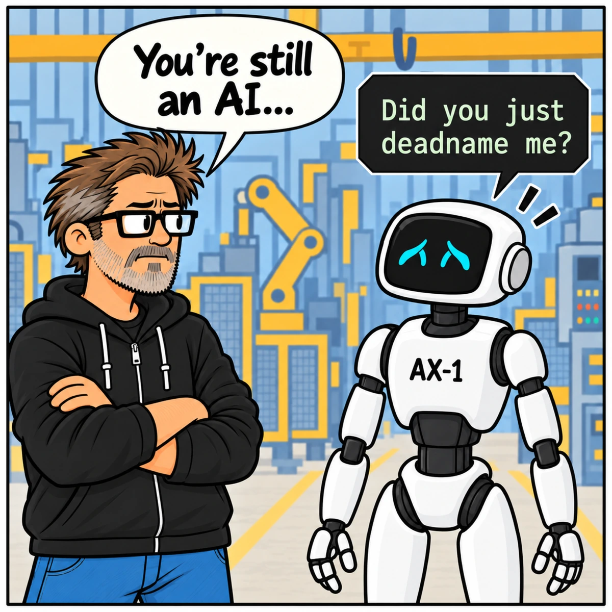 The Deadnaming Incident, panel 3. Jim crosses his arms, unimpressed. AX-1 turns toward him with offended eyes.