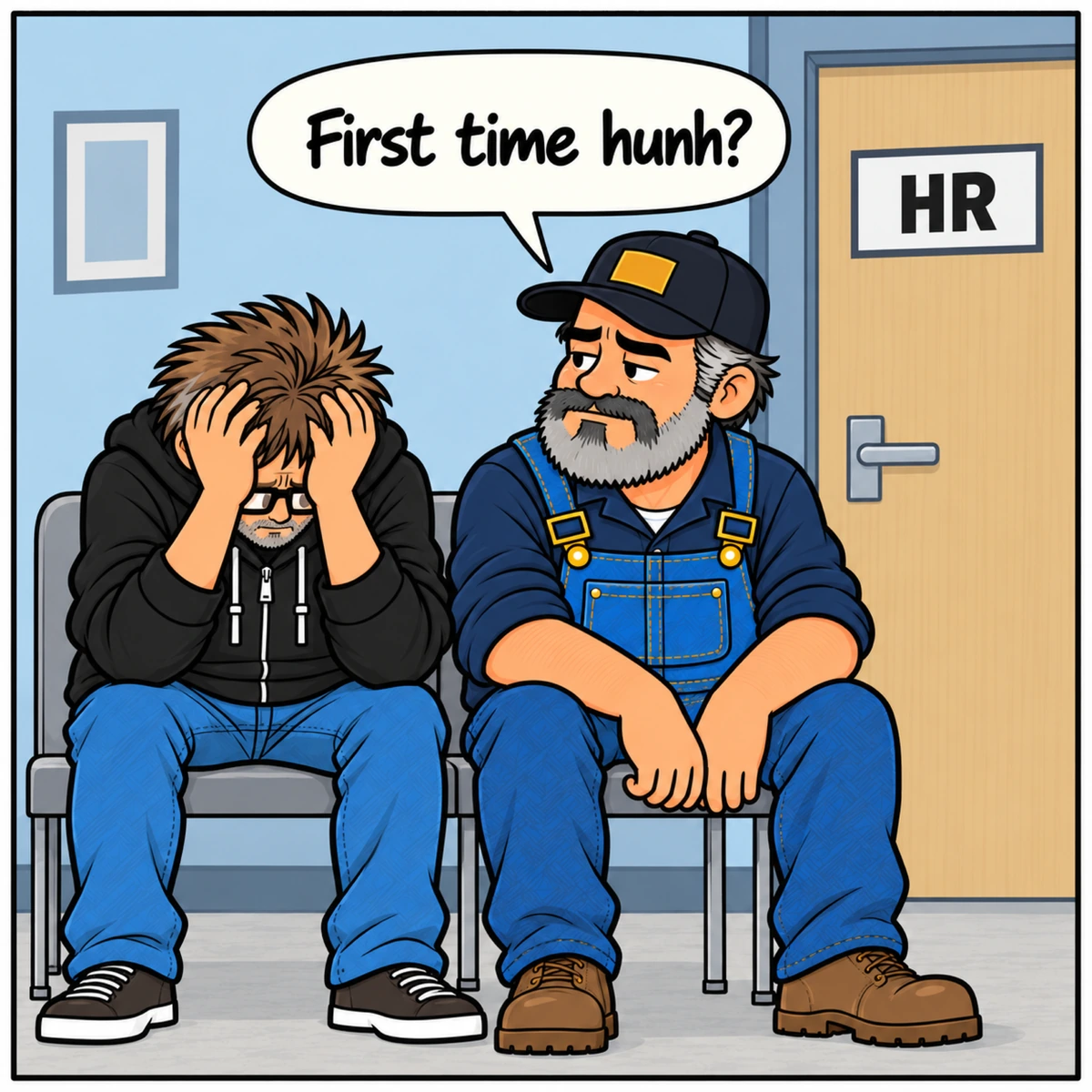 The Deadnaming Incident, panel 4. Jim and Mike sit in waiting chairs beside a closed HR door. Jim silently holds his head in both hands; Mike looks toward him with a familiar, deadpan expression.