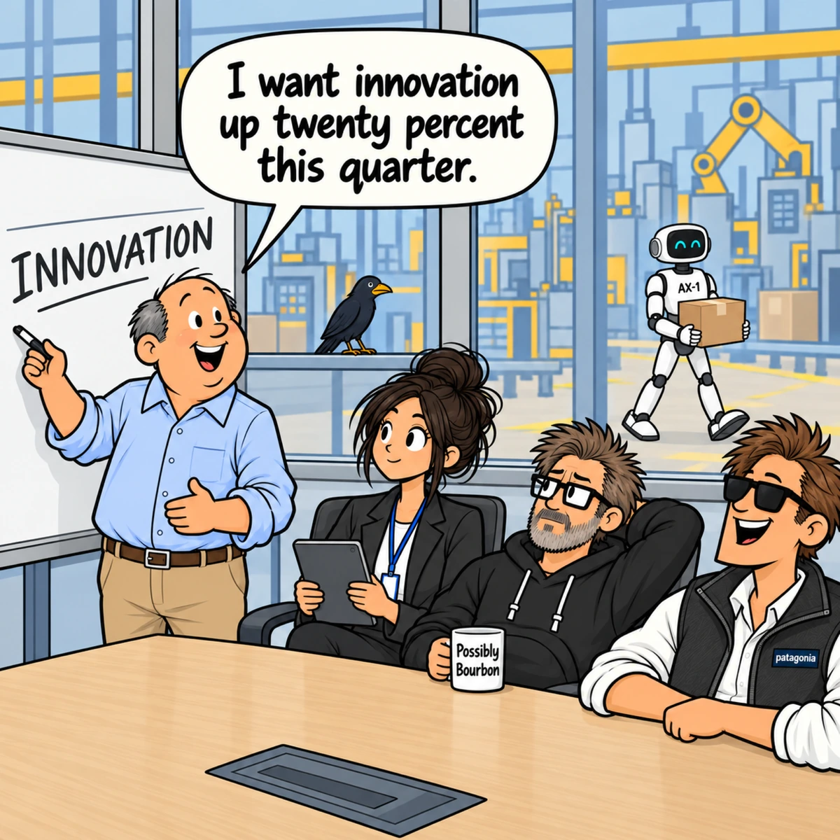 Quantifying Innovation, panel 1. The Boss stands beside a whiteboard marked INNOVATION. Jordan holds her tablet while Jim and Chad sit at the conference table. Jim’s mug reads Possibly Bourbon. Edgar perches on the window sill, and AX-1 walks right through the factory carrying a box.