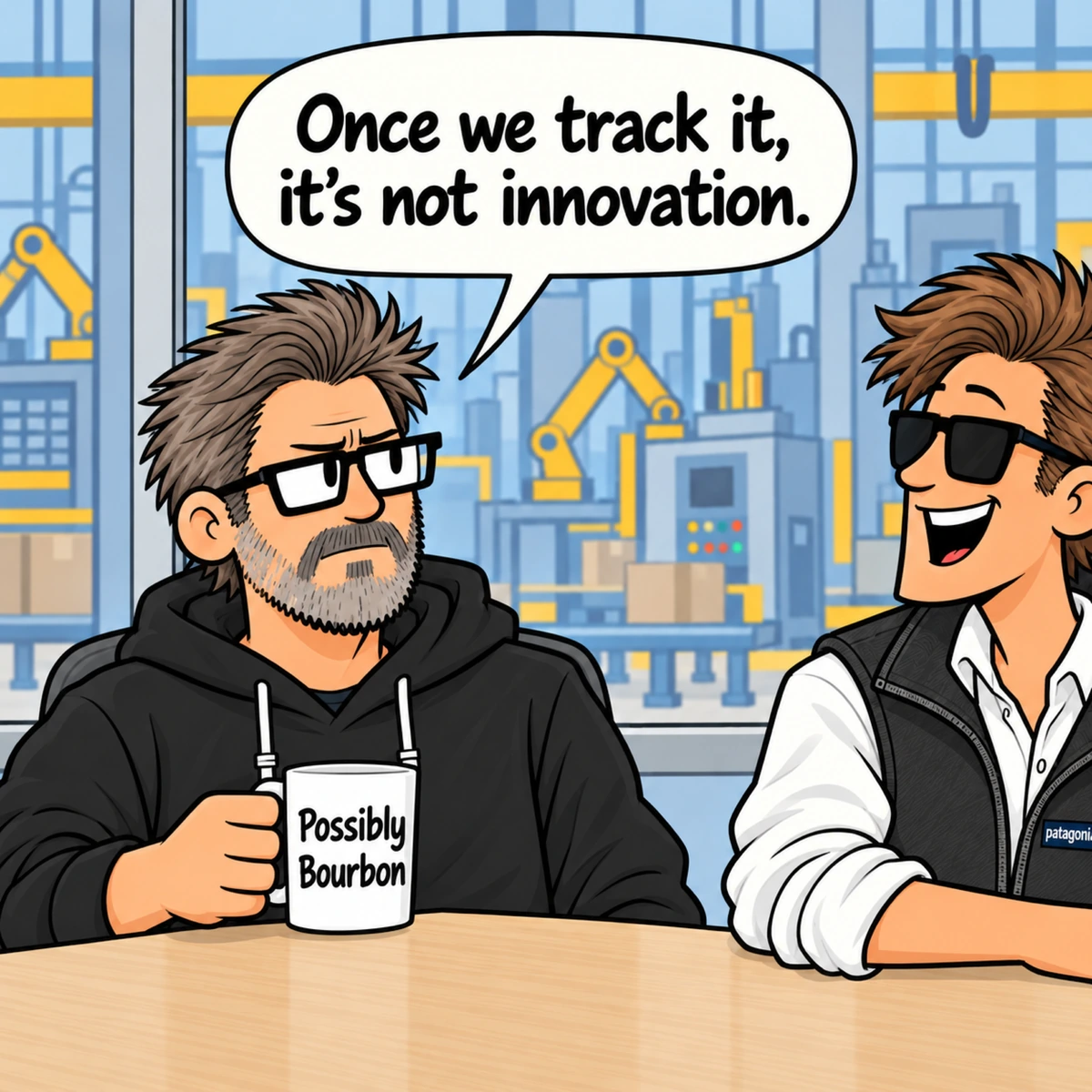 Quantifying Innovation, panel 3. Jim holds his Possibly Bourbon mug and gives a deadpan response. Beside him, Chad perks up.