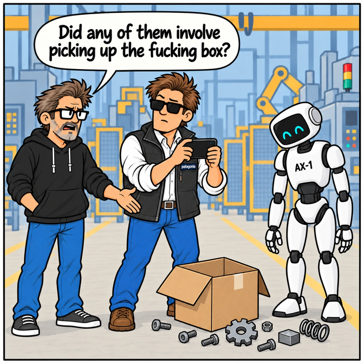 LinkedIn Thought Leadership, panel 4. Jim gestures toward the fallen box and scattered parts. Chad pauses with his phone raised while AX-1 looks down at the mess.
