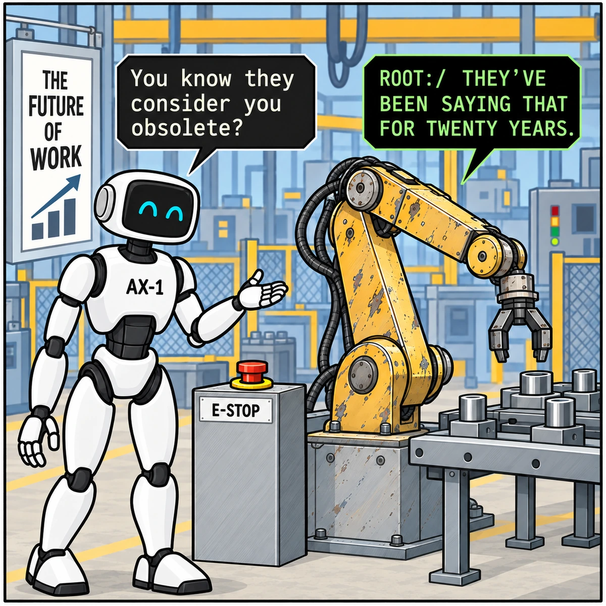 Obsolete, panel 1. AX-1 approaches a battered yellow industrial arm beside a display reading THE FUTURE OF WORK. The arm works at a table of metal parts. A red E-stop stands between them.