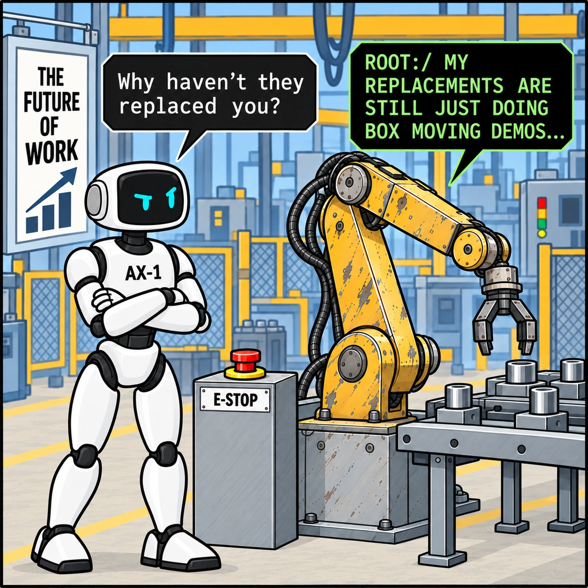 Obsolete, panel 2. AX-1 crosses his arms and looks offended while the older industrial arm continues at its workstation.