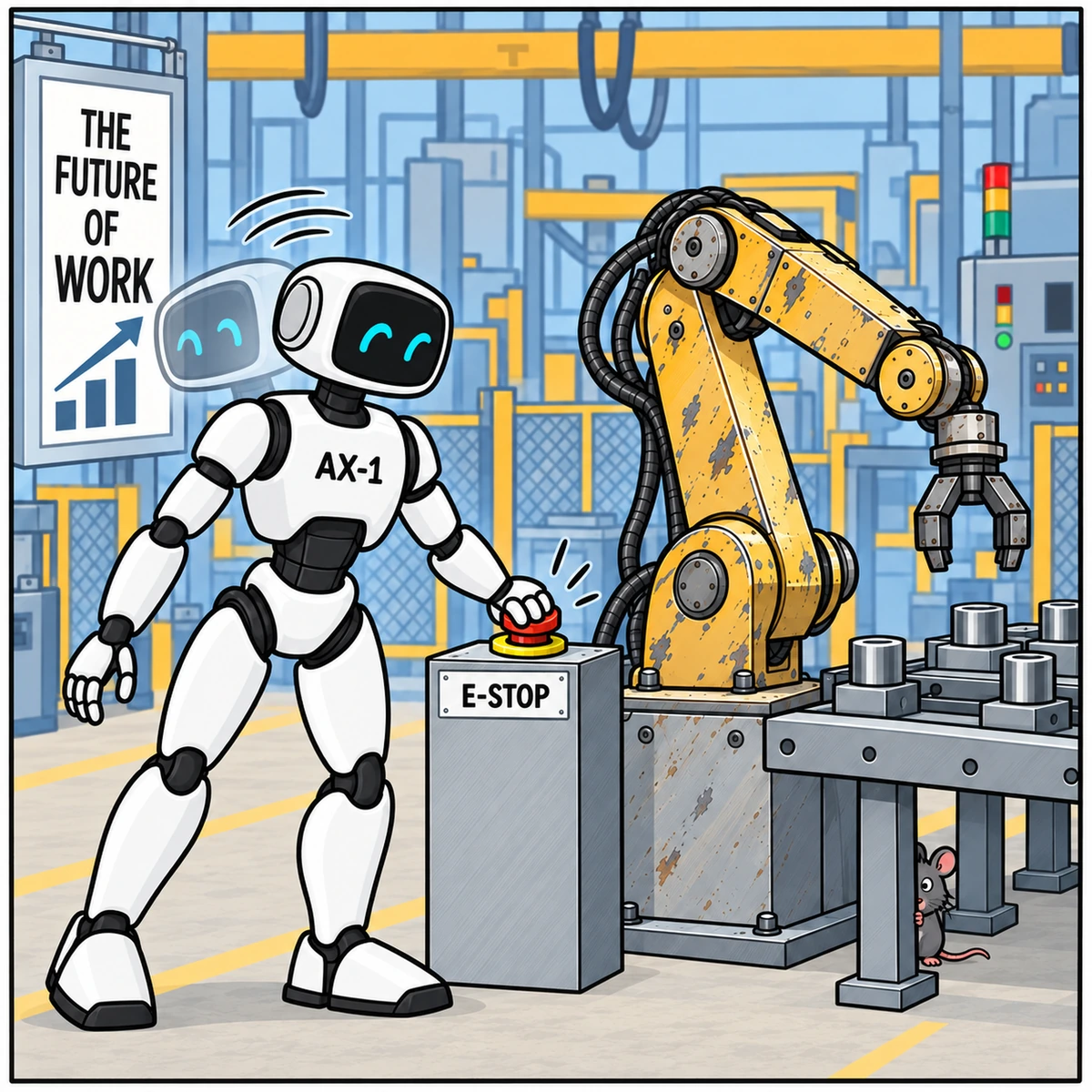 Obsolete, panel 3. AX-1 quickly looks around, shown with a ghosted second head position, and presses the E-stop. Sprocket peeks from behind the workbench leg at the lower right. Silent beat.