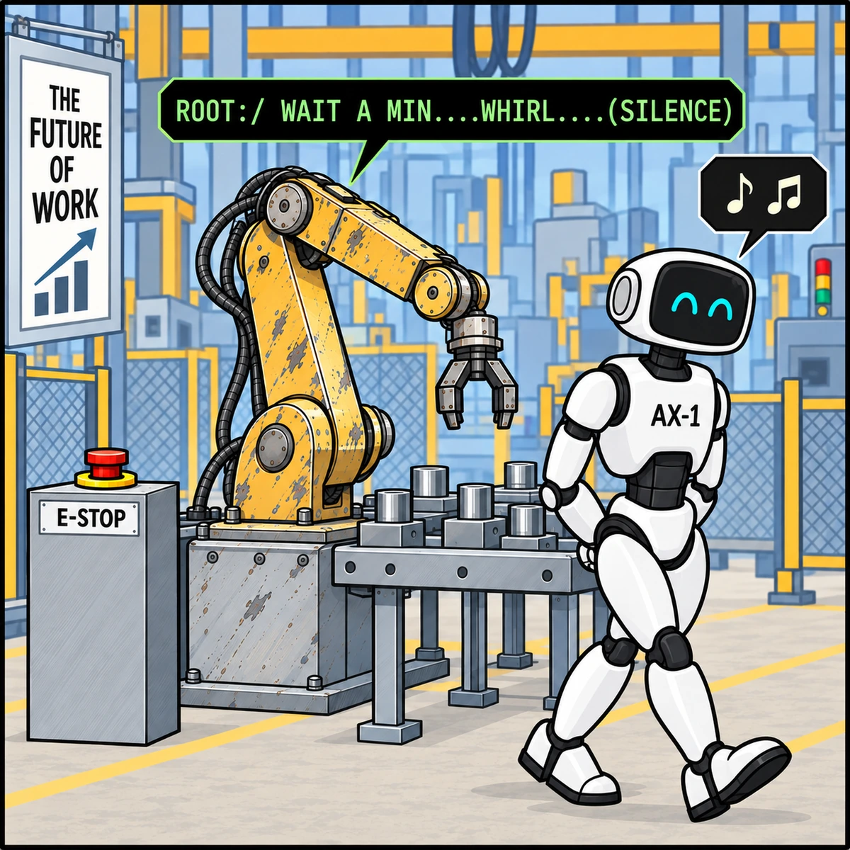 Obsolete, panel 4. The older arm stops behind AX-1 as he walks away whistling. His terminal balloon contains two music notes. The arm’s green terminal balloon shows an interrupted protest and shutdown.
