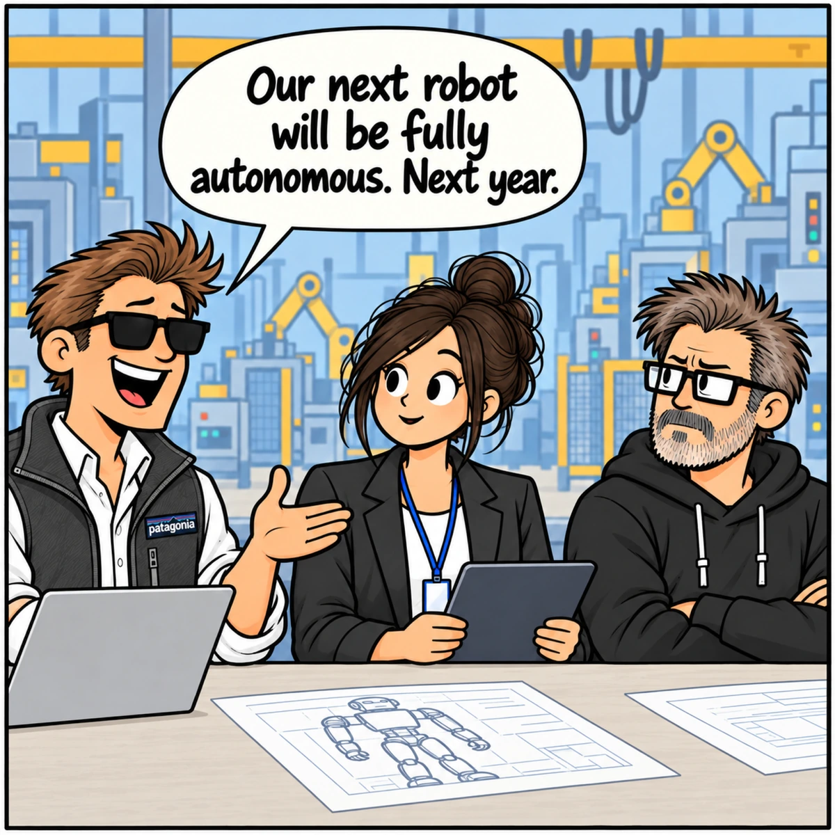 Next Year™, panel 1. Chad sits at the far left behind his laptop, smiling and gesturing about the next robot. Jordan sits in the middle with her tablet; Jim watches skeptically from the right.
