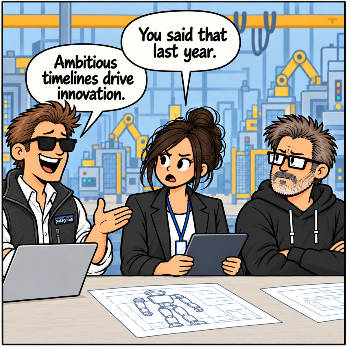 Next Year™, panel 2. Jordan questions the repeated deadline from her center seat. Chad, still on the left, confidently defends his timeline. Jim watches silently from the right.