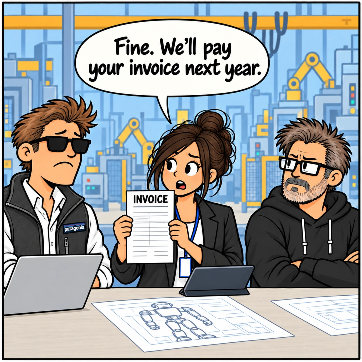 Next Year™, panel 3. Jordan holds up a paper marked INVOICE from the center seat. Chad’s smile disappears on the left; Jim watches from the right. Her tablet rests on the table.