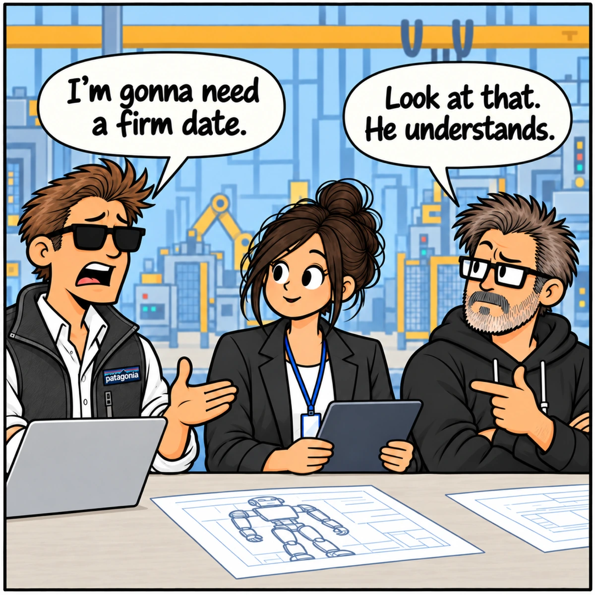 Next Year™, panel 4. Chad, still on the left, suddenly needs a firm date. Jordan stays composed in the center with her tablet. Jim gestures from the right and delivers the punchline.